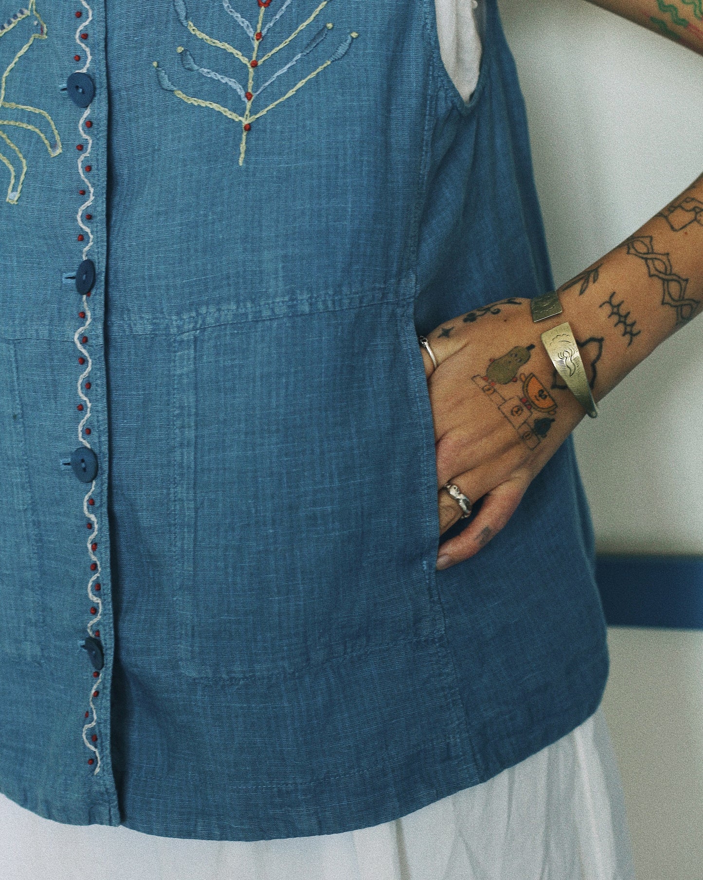 Indigo Linen Embroidered Vest
