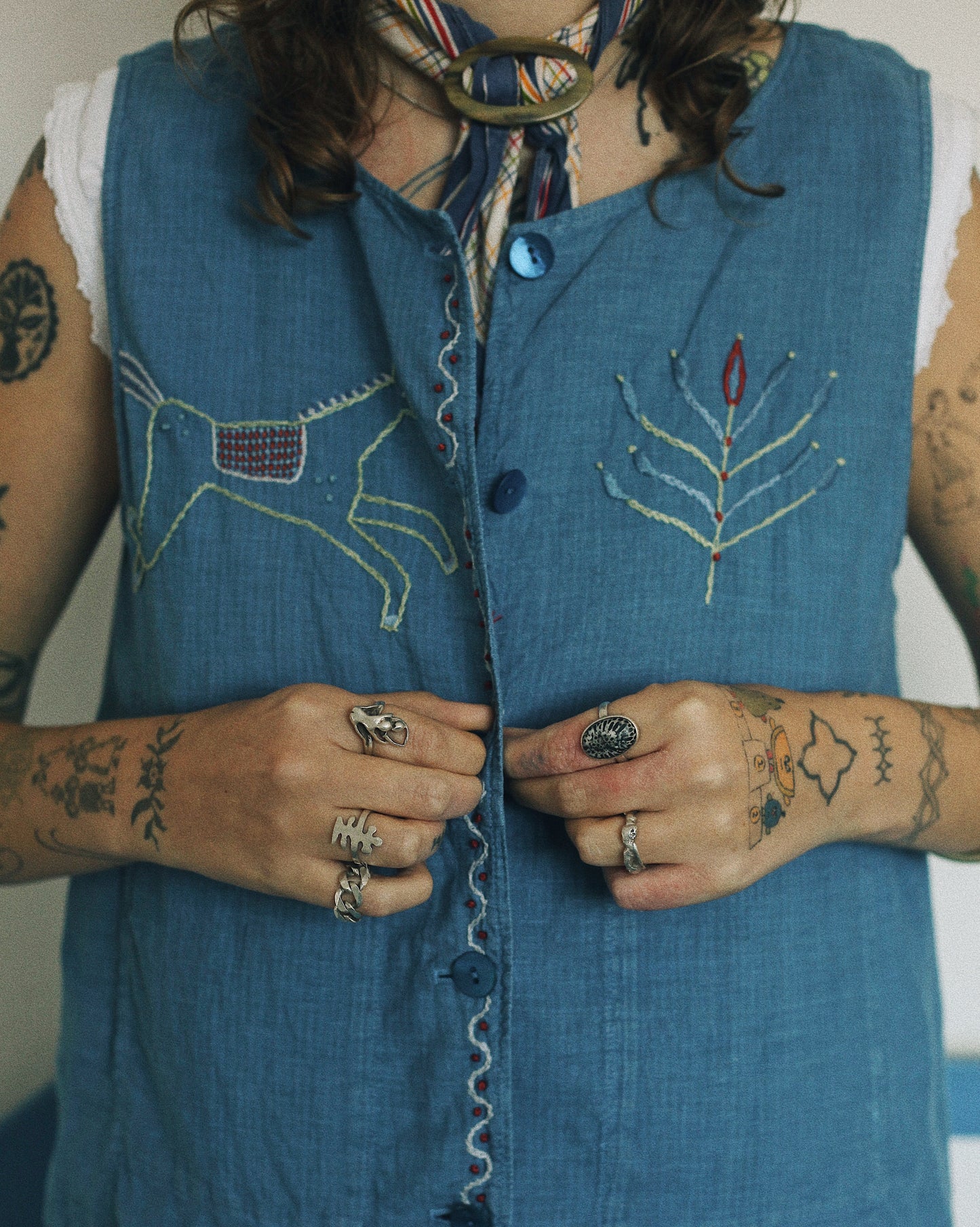 Indigo Linen Embroidered Vest