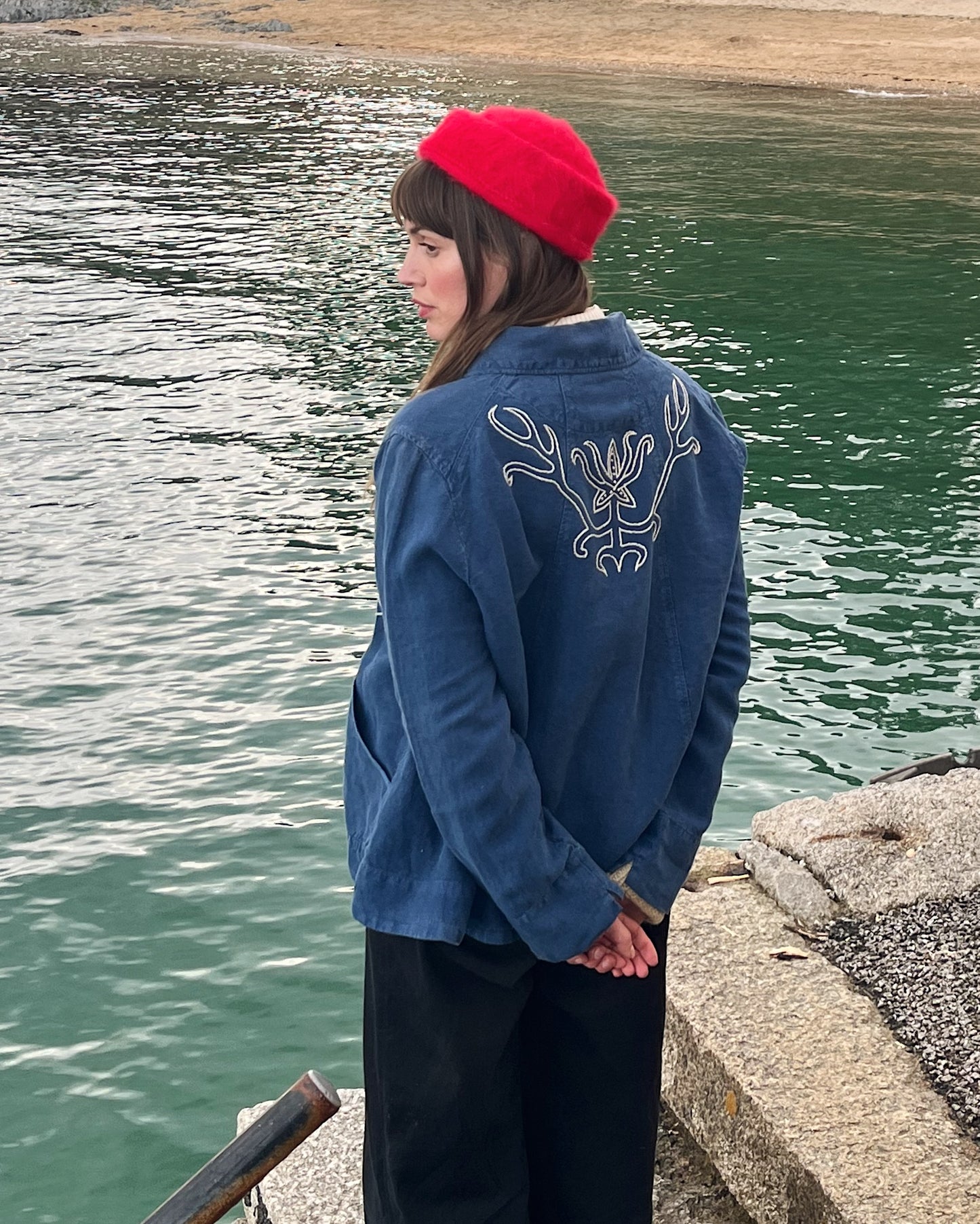 Deep Blue Hand Embroidered Fish Jacket