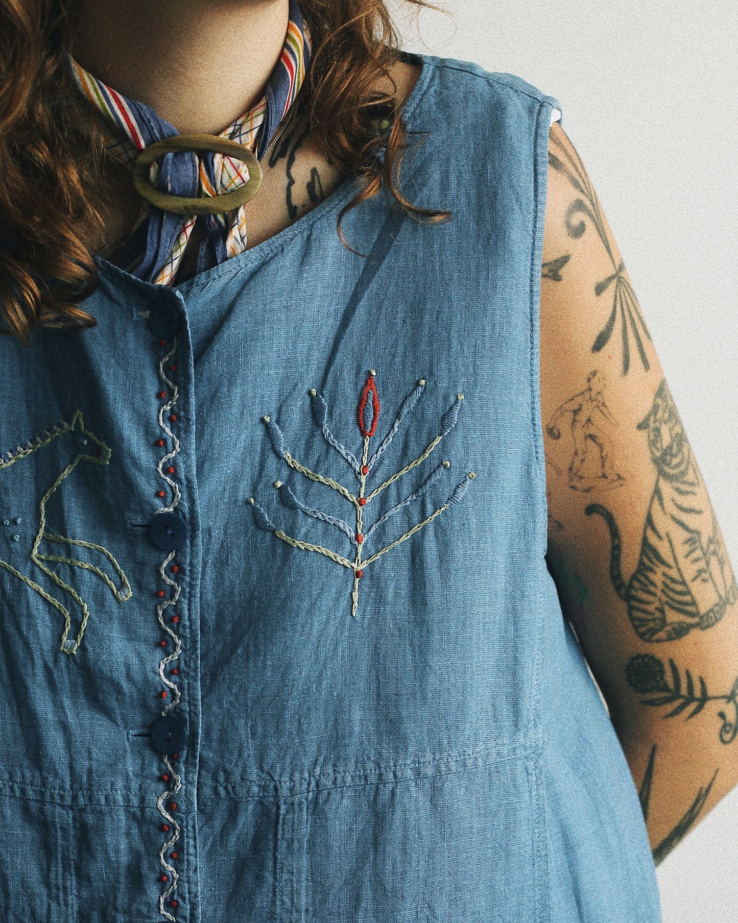 Indigo Linen Embroidered Vest