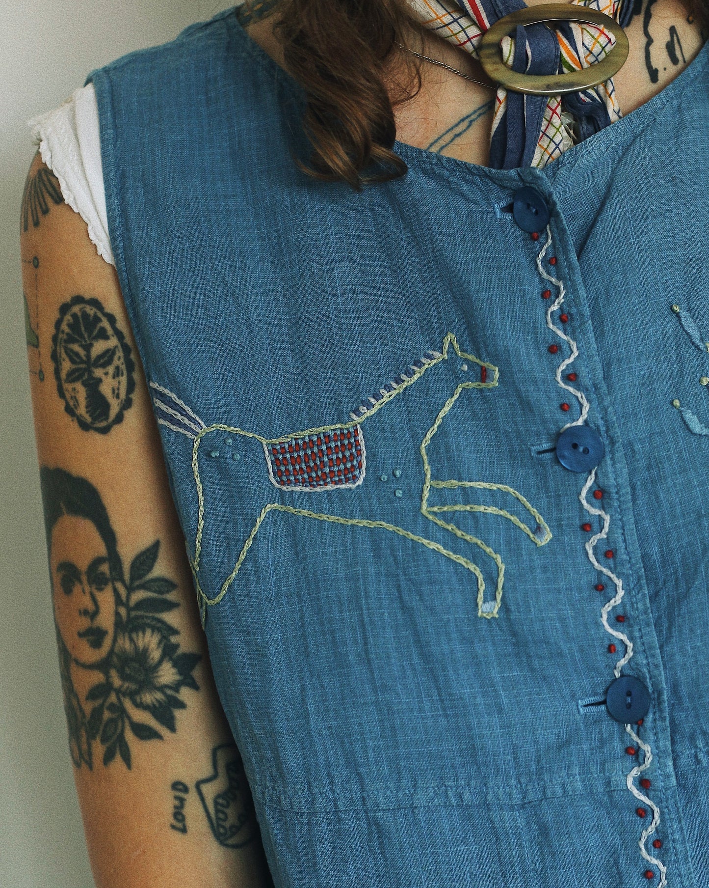 Indigo Linen Embroidered Vest