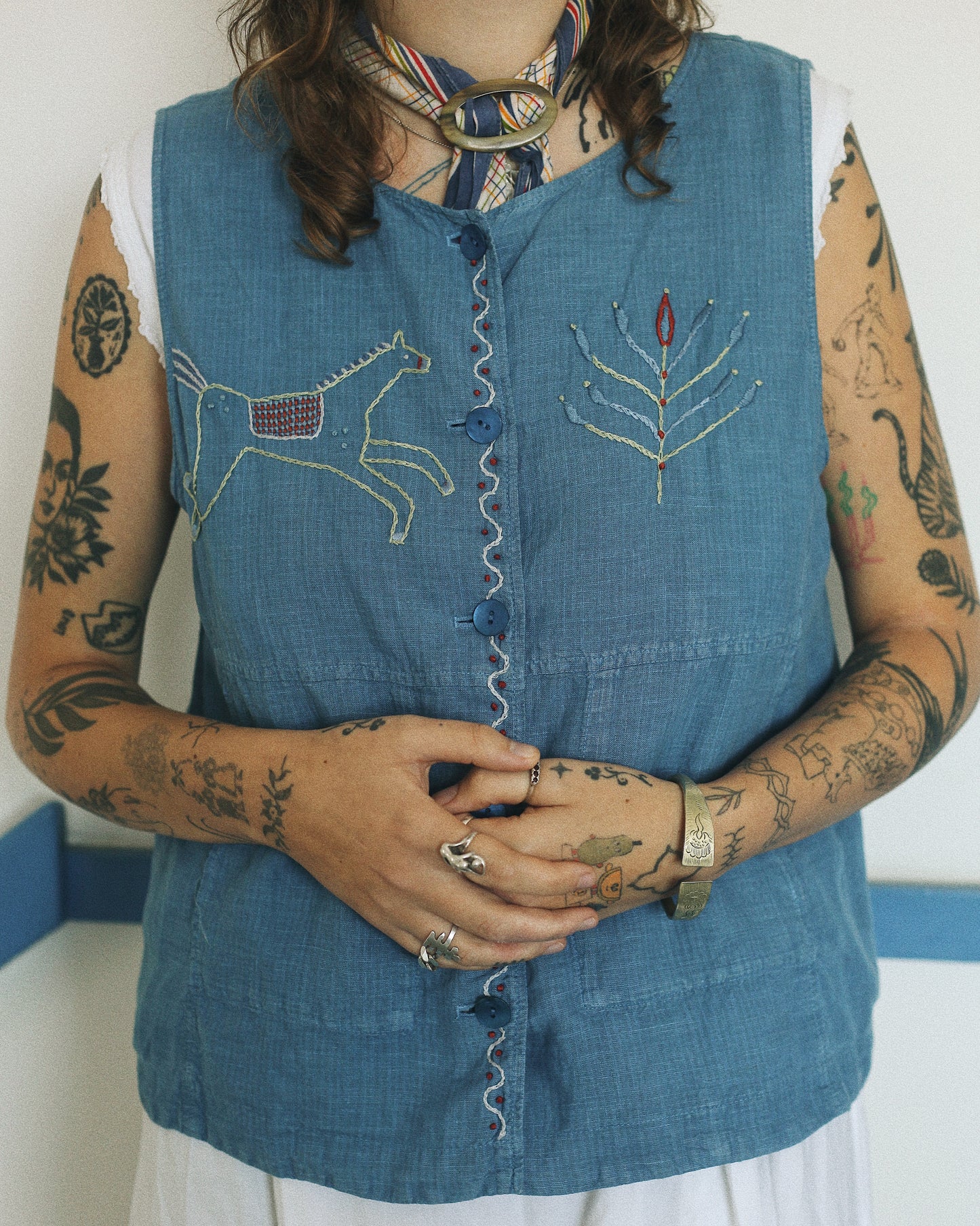 Indigo Linen Embroidered Vest