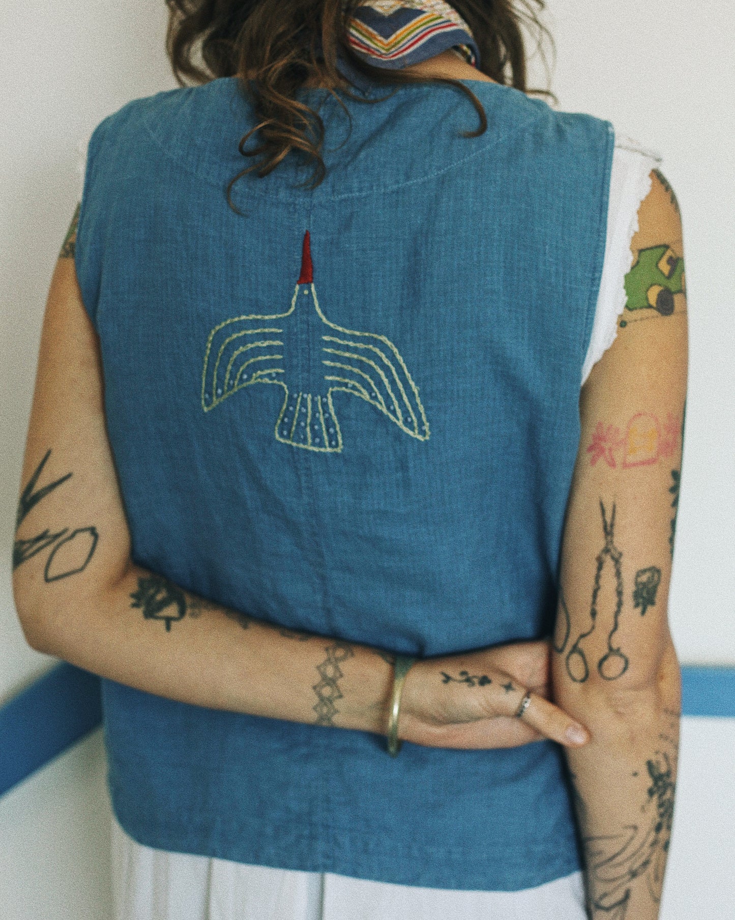 Indigo Linen Embroidered Vest