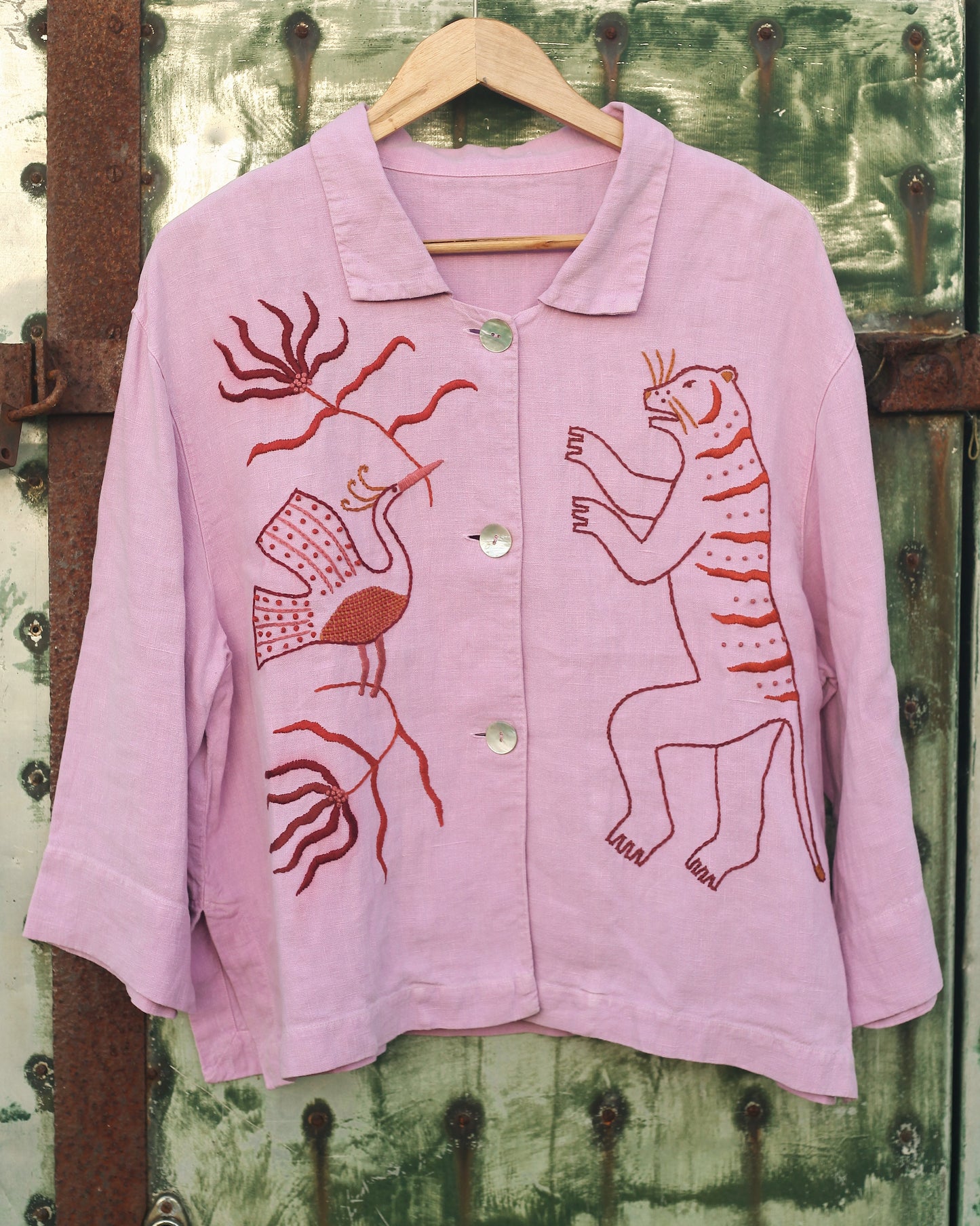 Pink Linen Hand Embroidered Blouse