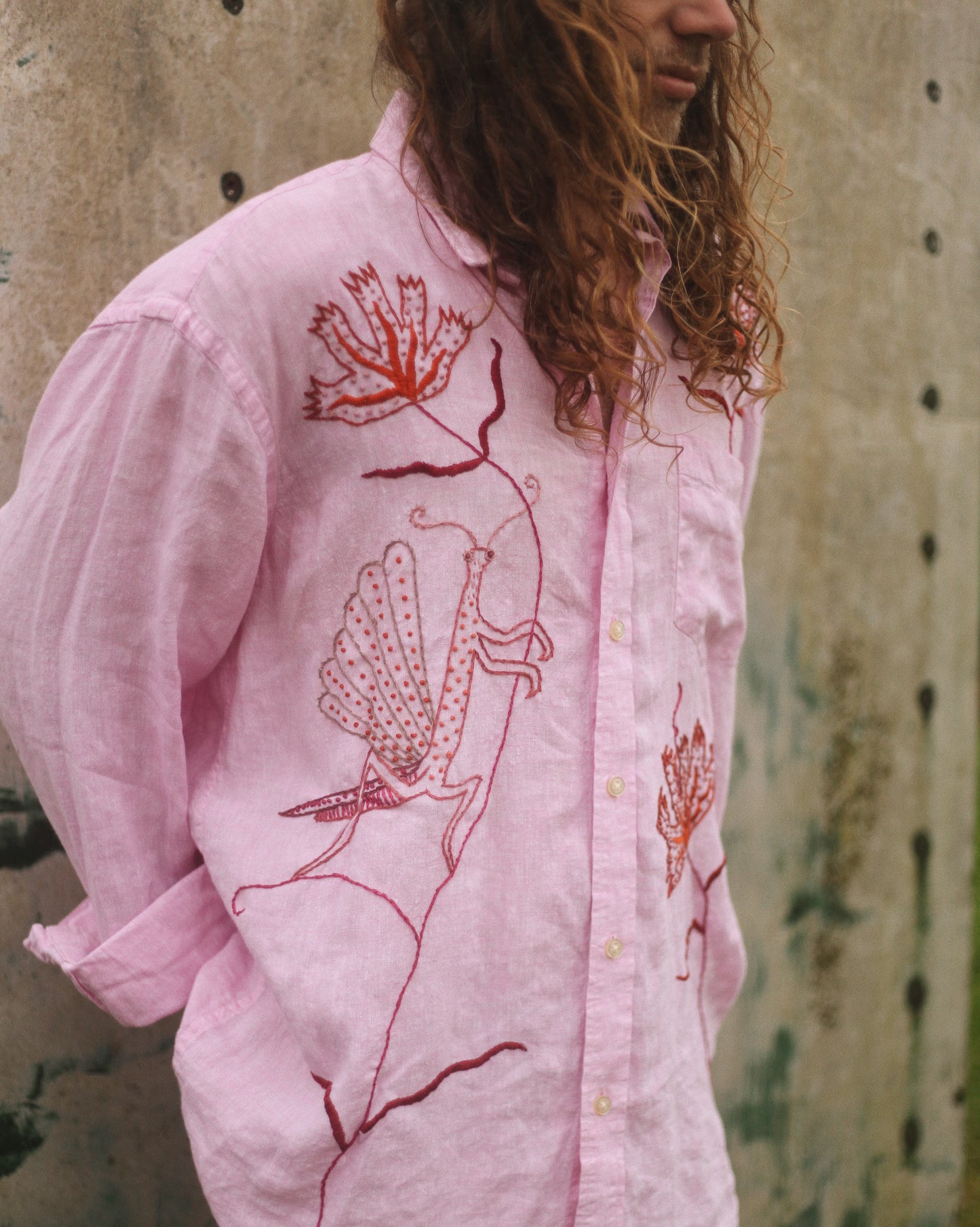 Mantis & Poppies Hand Embroidered Shirt