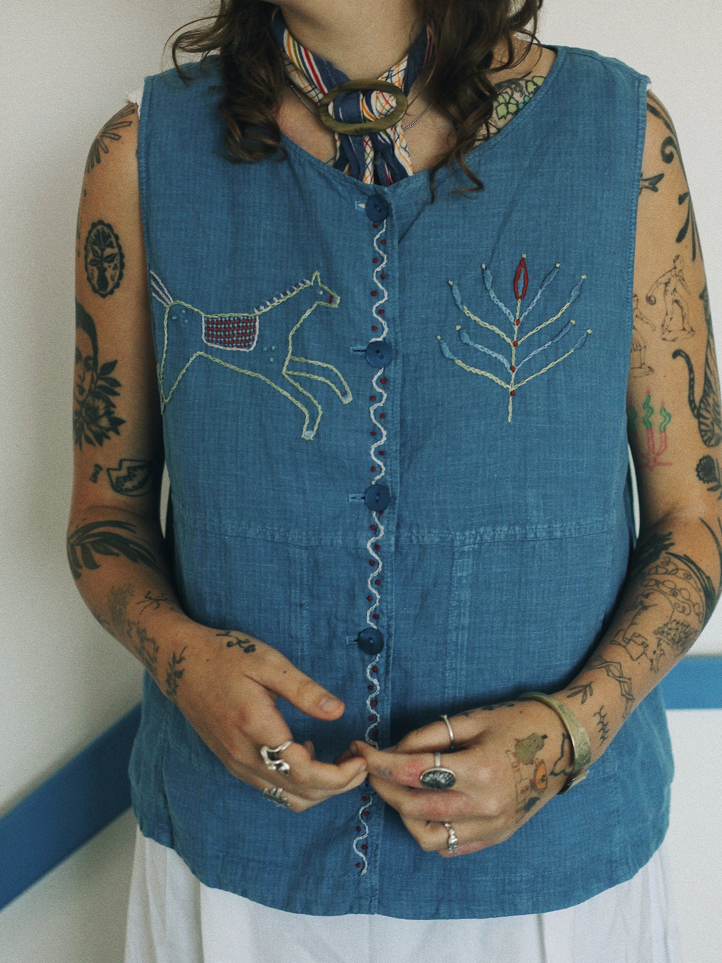 Indigo Linen Embroidered Vest