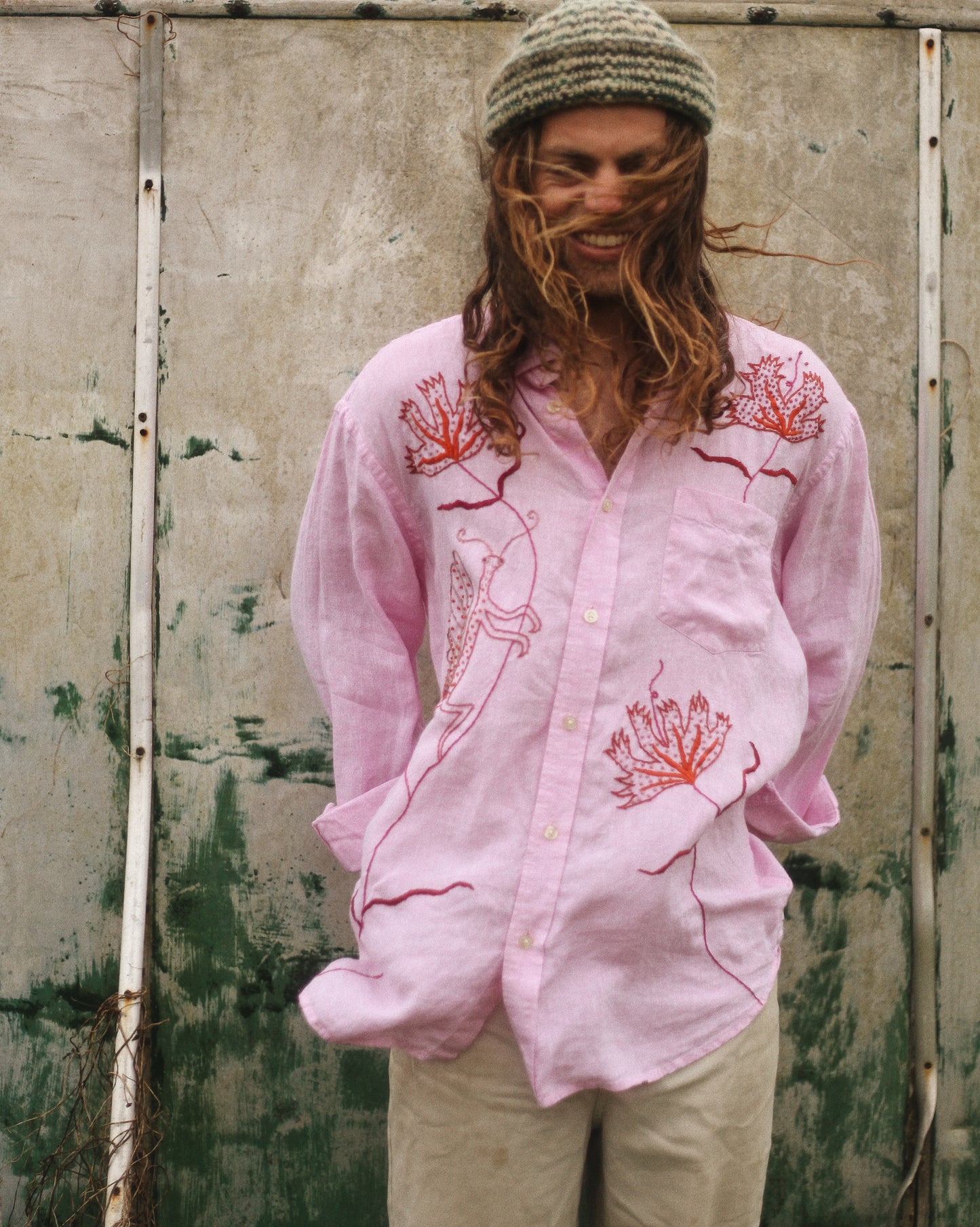 Mantis & Poppies Hand Embroidered Shirt