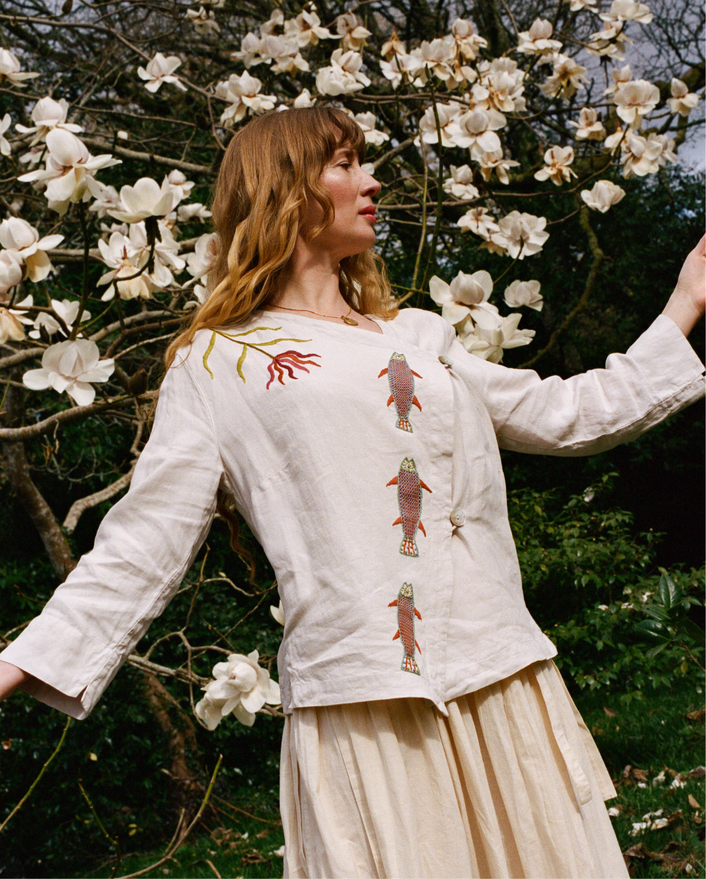 Asymmetrical Wrap Top ~ Hand Embroidered Fish