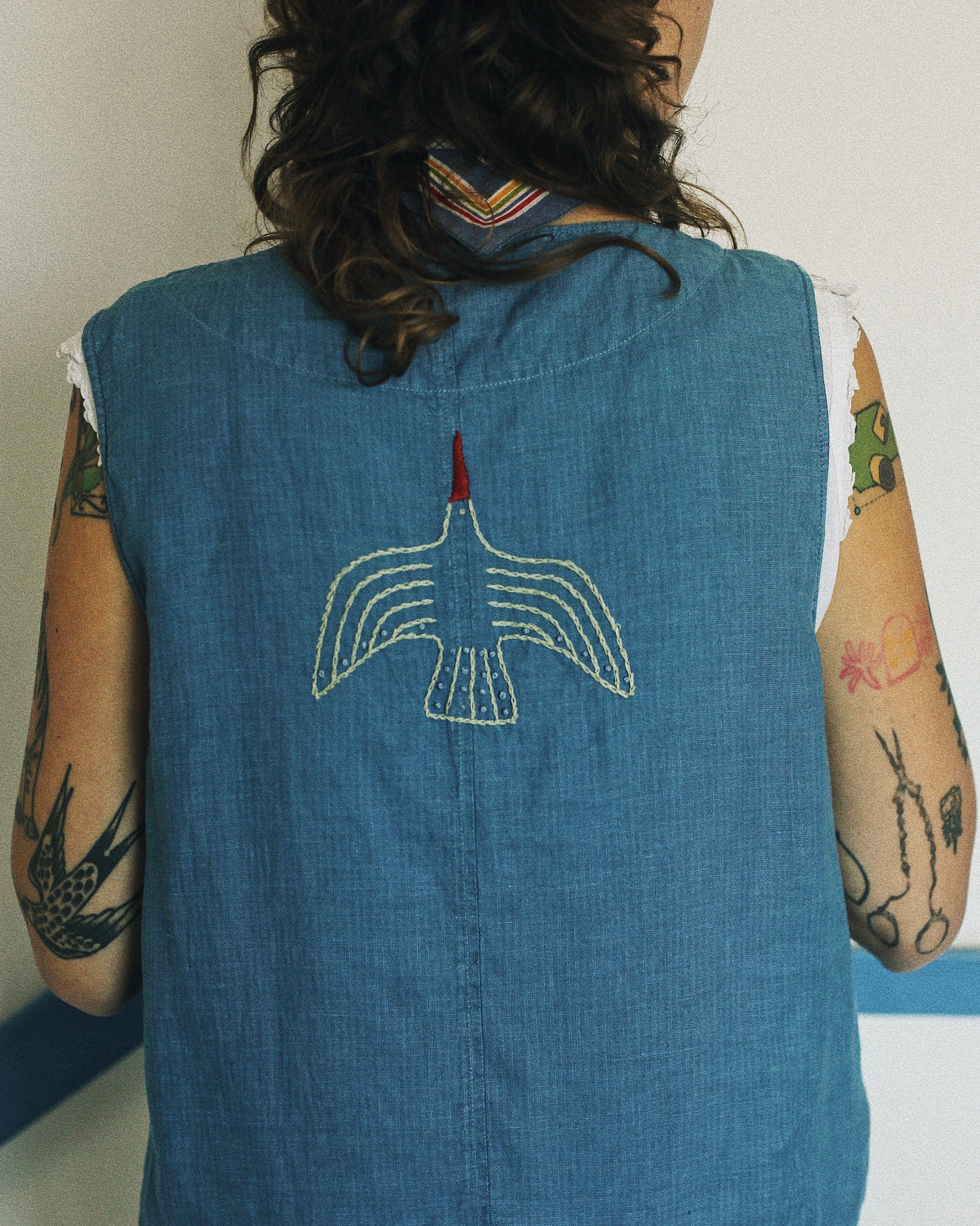 Indigo Linen Embroidered Vest