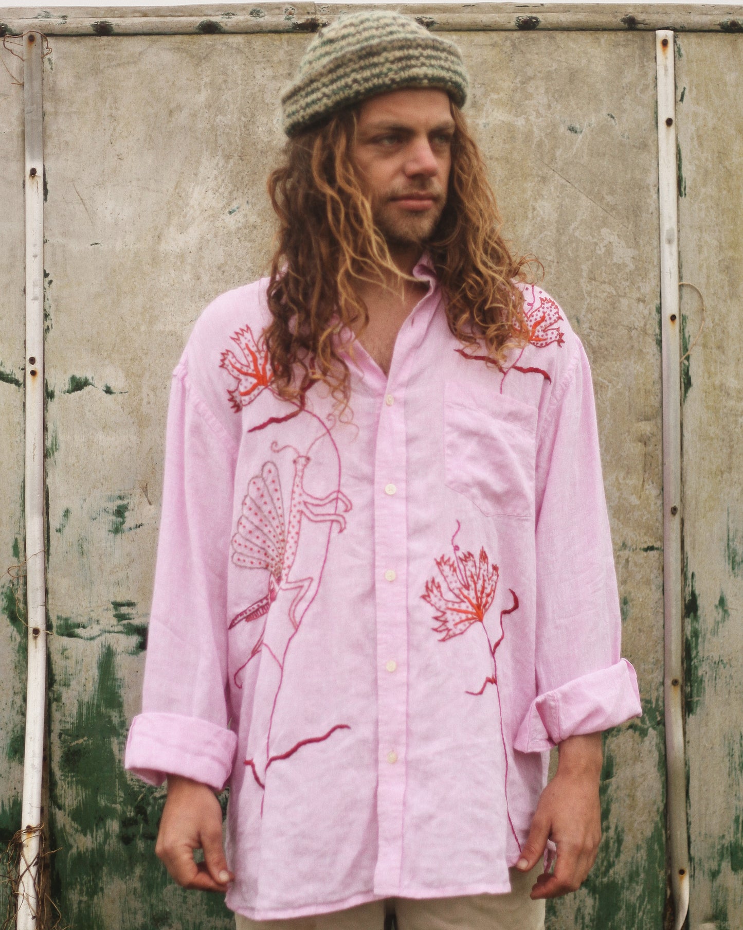 Mantis & Poppies Hand Embroidered Shirt