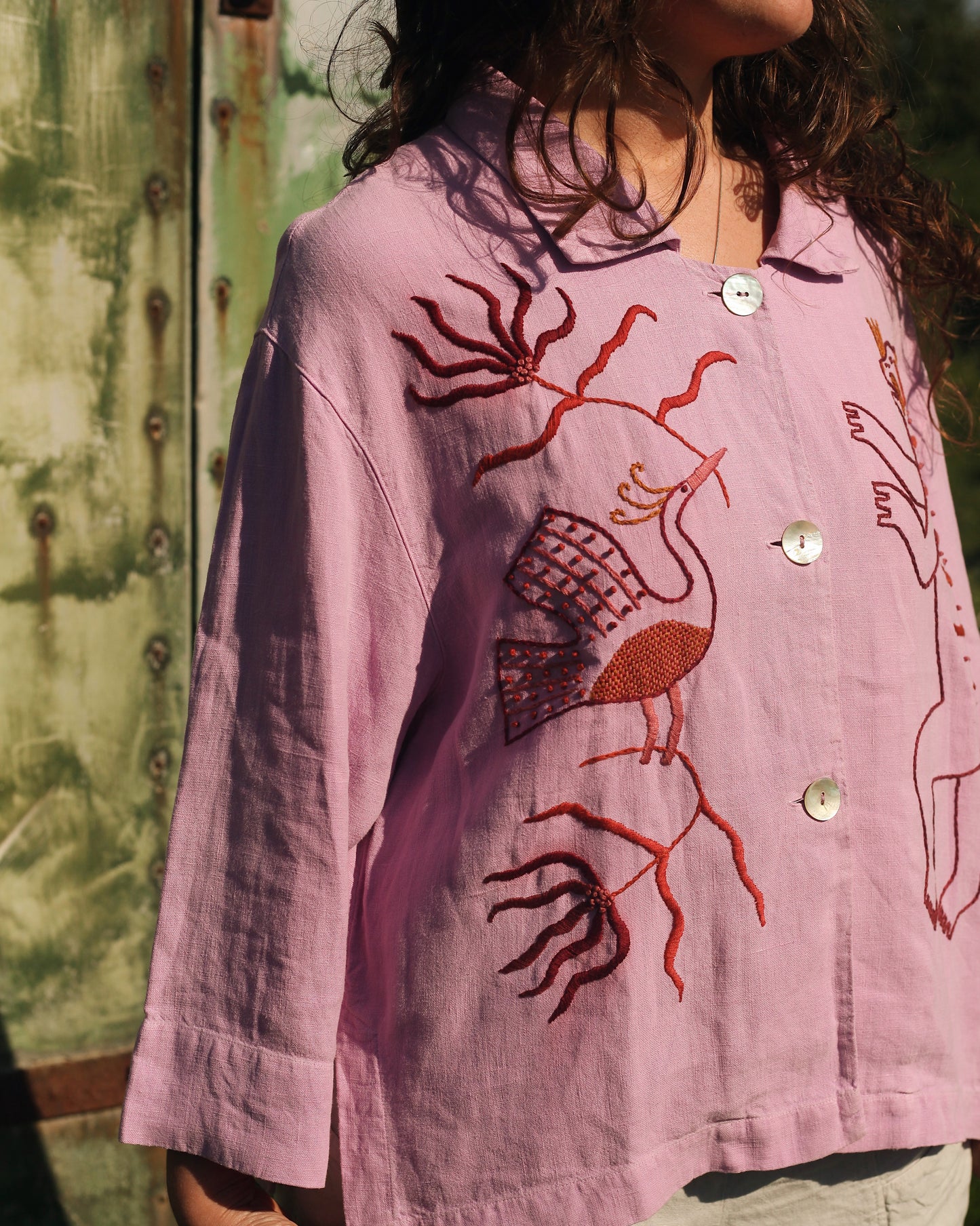 Pink Linen Hand Embroidered Blouse