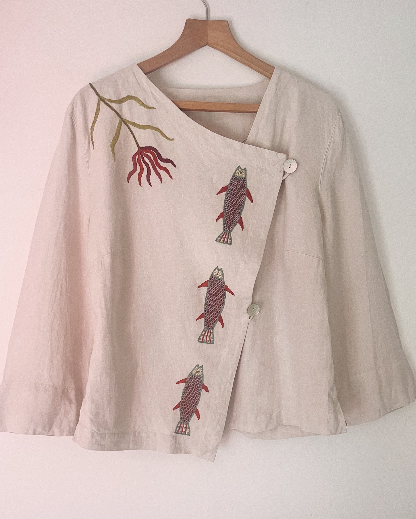 Asymmetrical Wrap Top ~ Hand Embroidered Fish