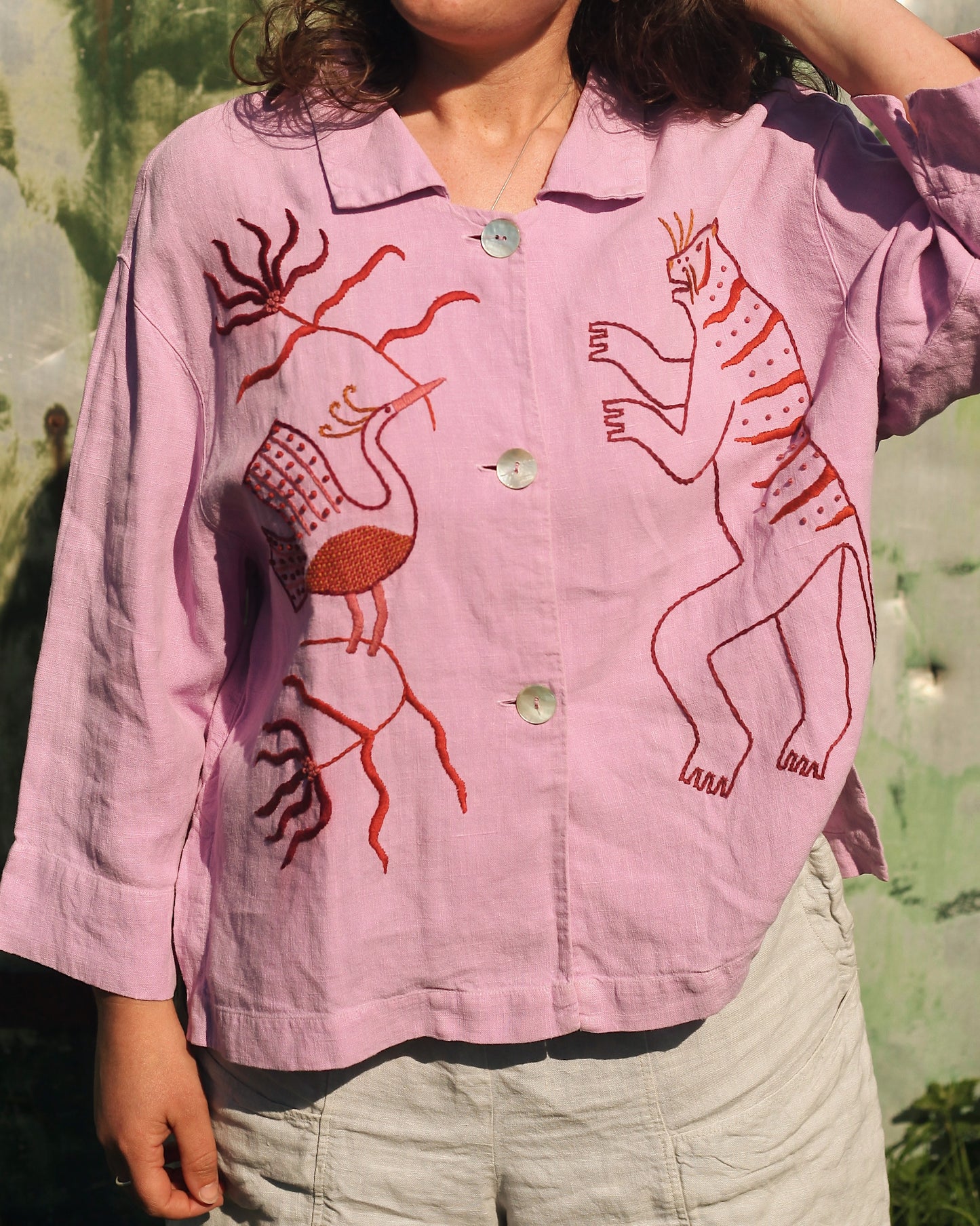 Pink Linen Hand Embroidered Blouse