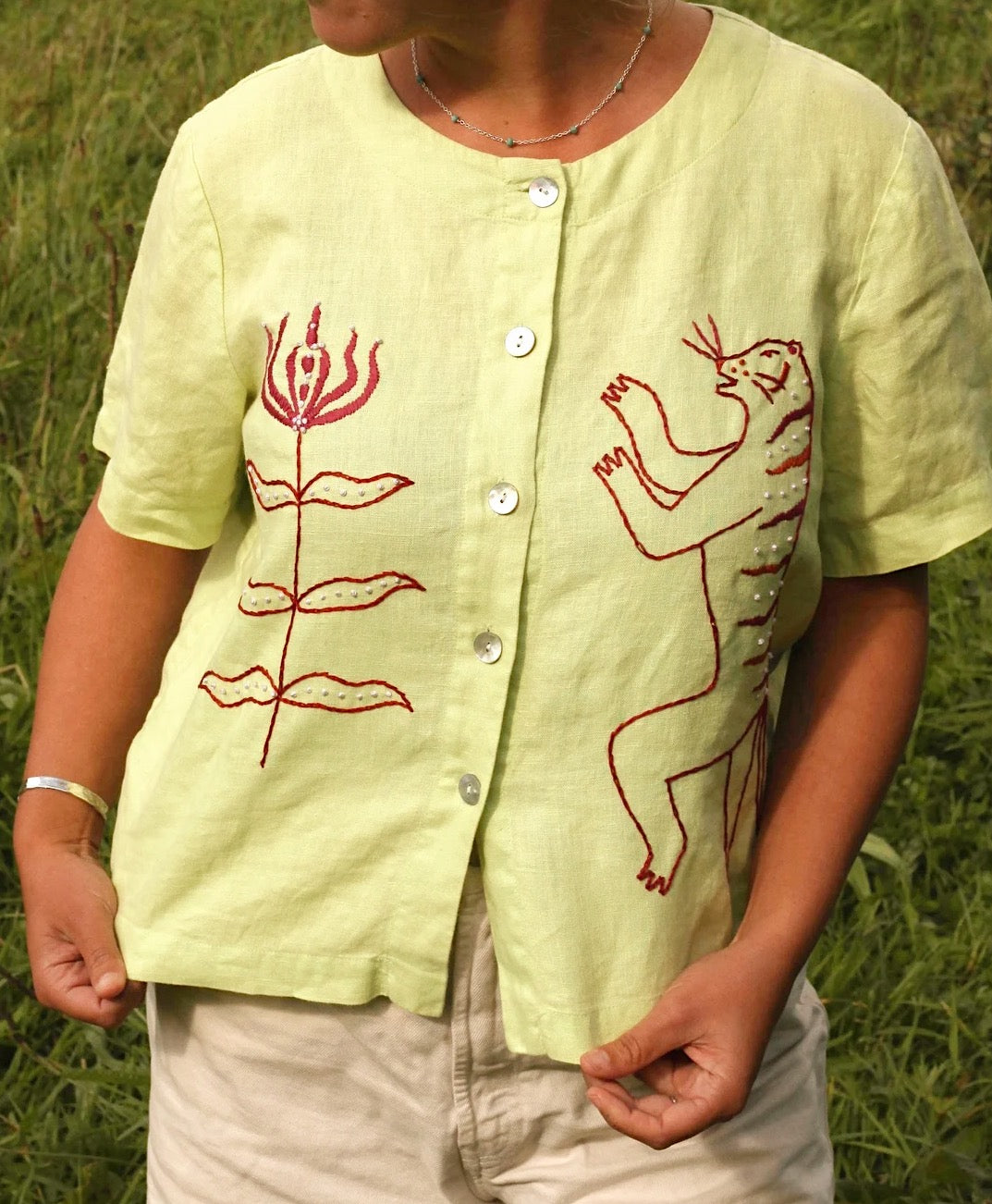 Hand Embroidered Linen Tiger Blouse