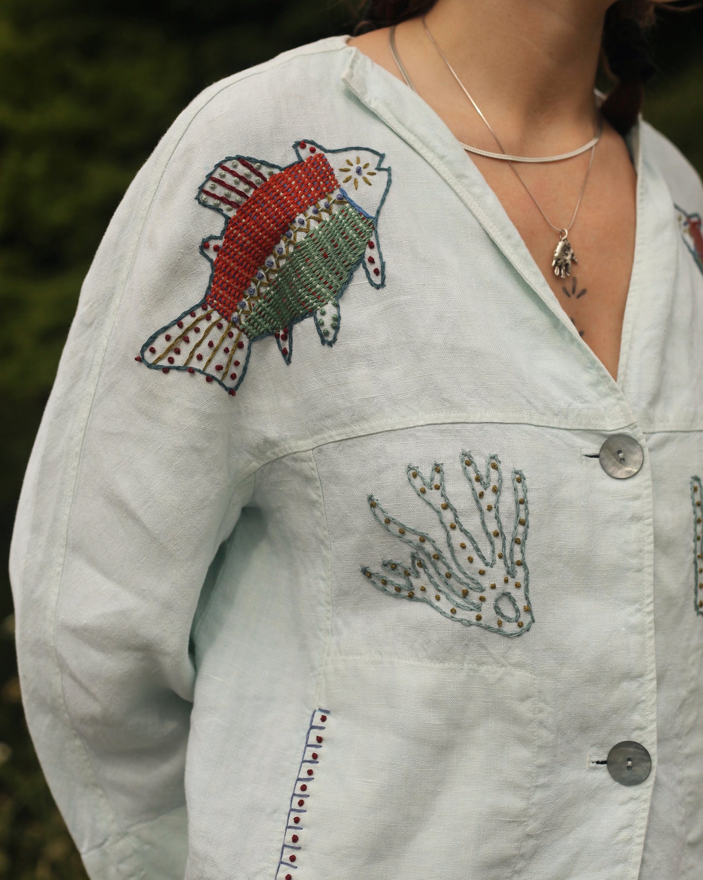Hand Embroidered Linen Fish Blouse/ Jacket