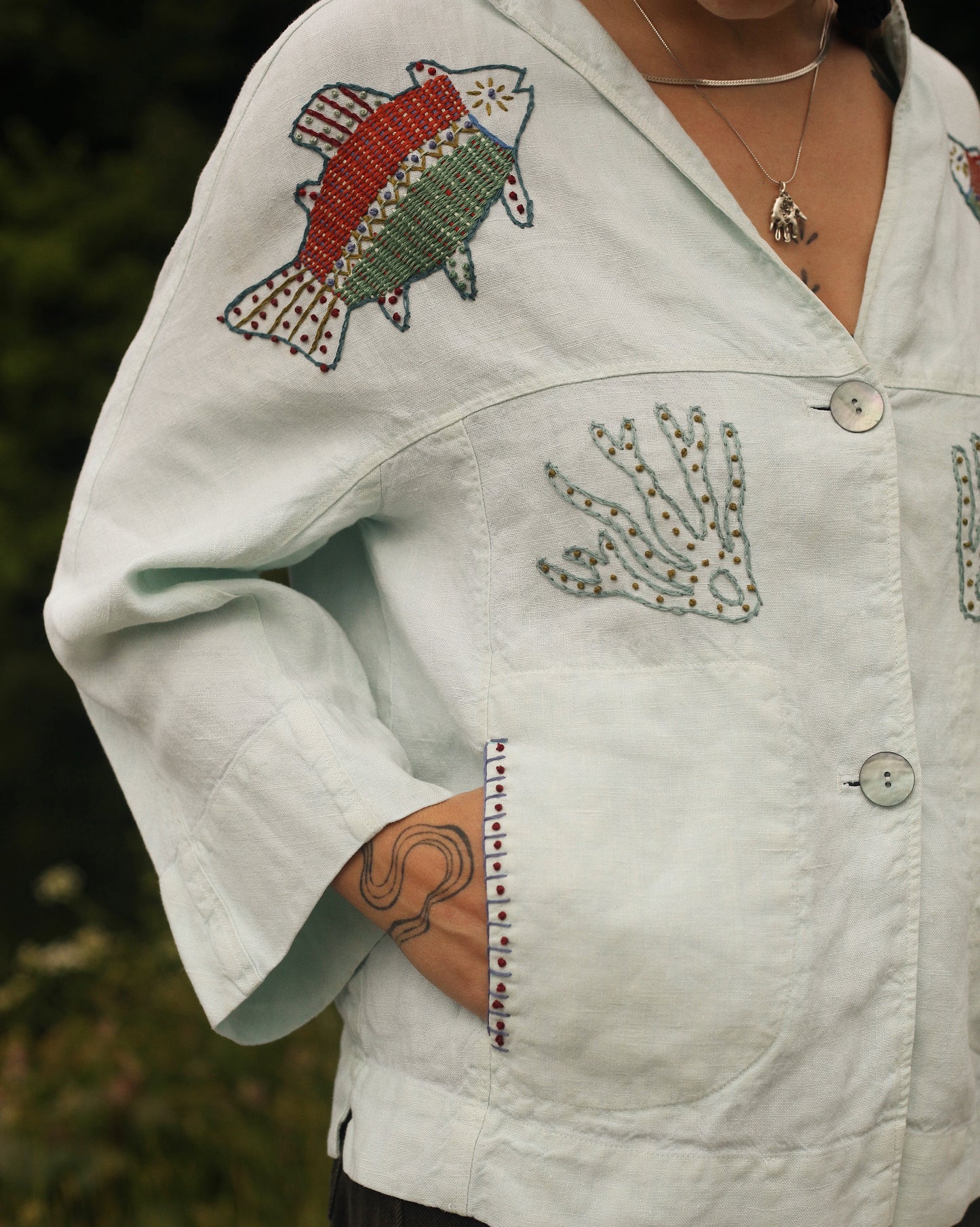 Hand Embroidered Linen Fish Blouse/ Jacket