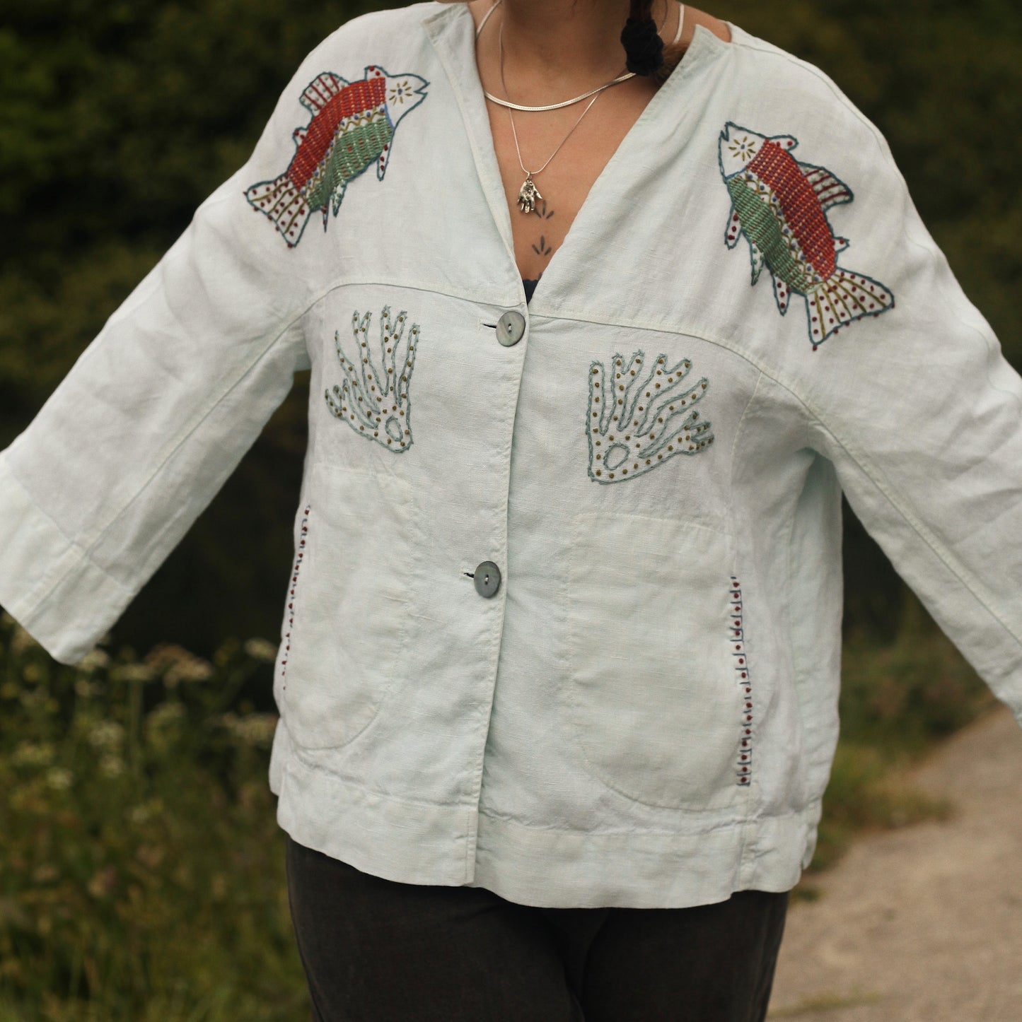 Hand Embroidered Linen Fish Blouse/ Jacket