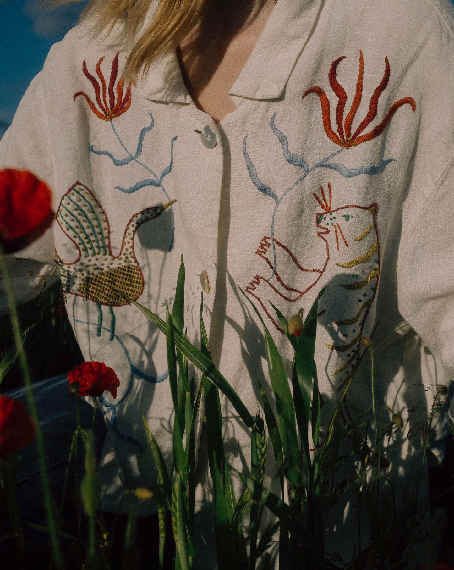 Hand Embroidered Tiger & Bird Linen Blouse