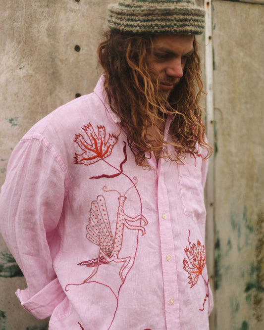 Mantis & Poppies Hand Embroidered Shirt
