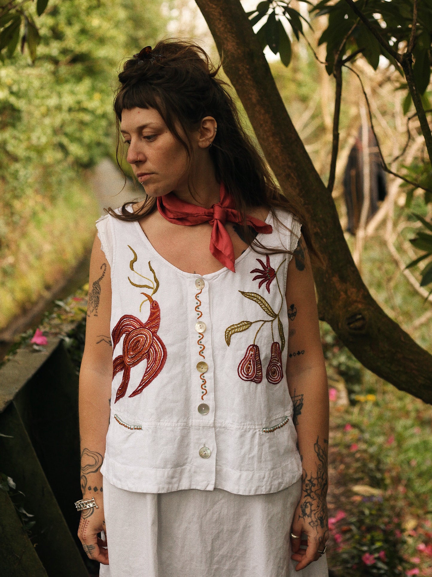 Hand Embroidered Linen Pear Vest