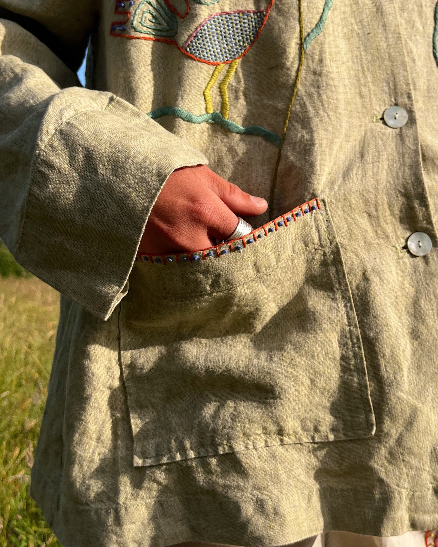 Hand Embroidered Pistachio Green Linen Shirt/Jacket