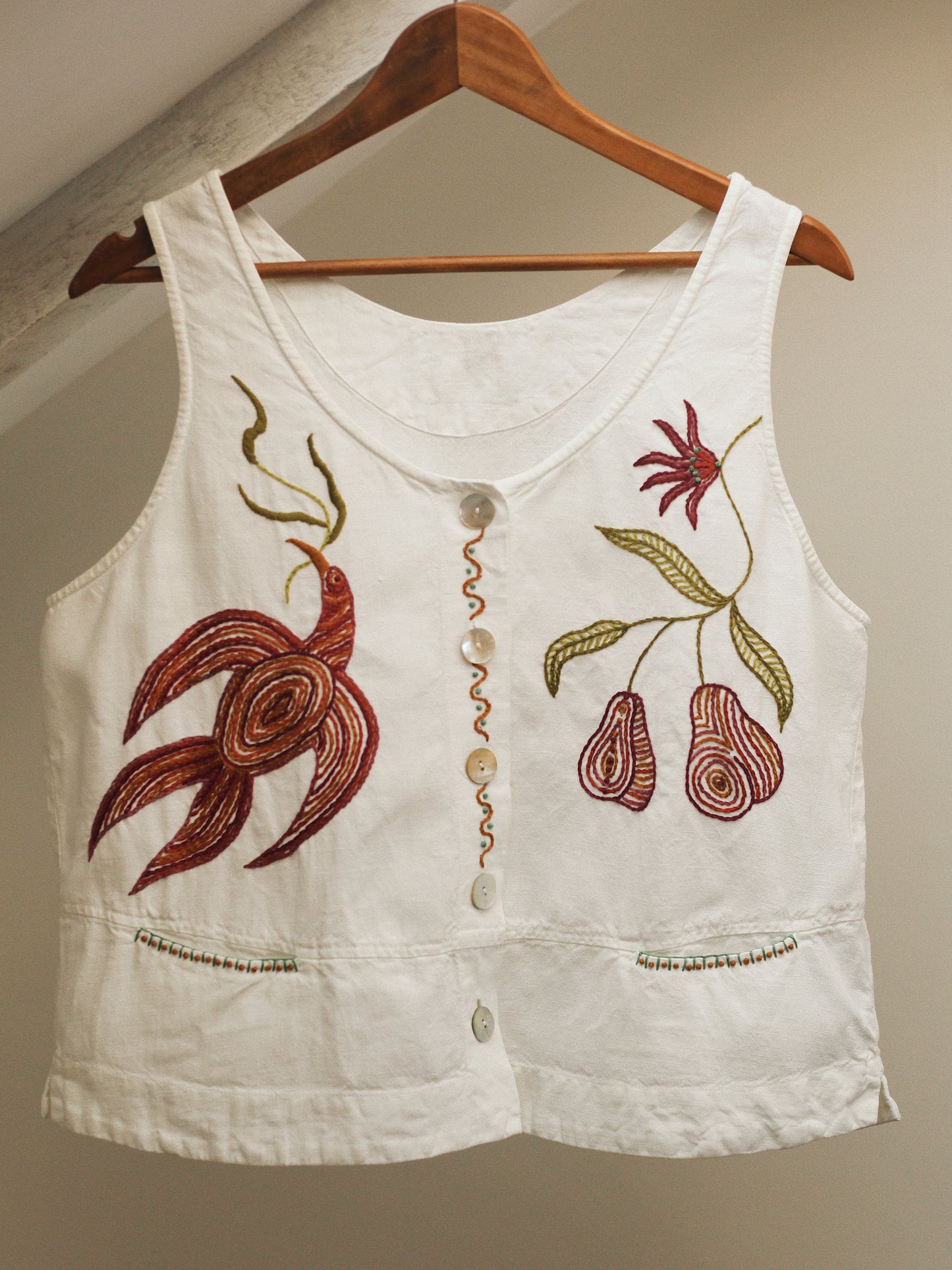 Hand Embroidered Linen Pear Vest