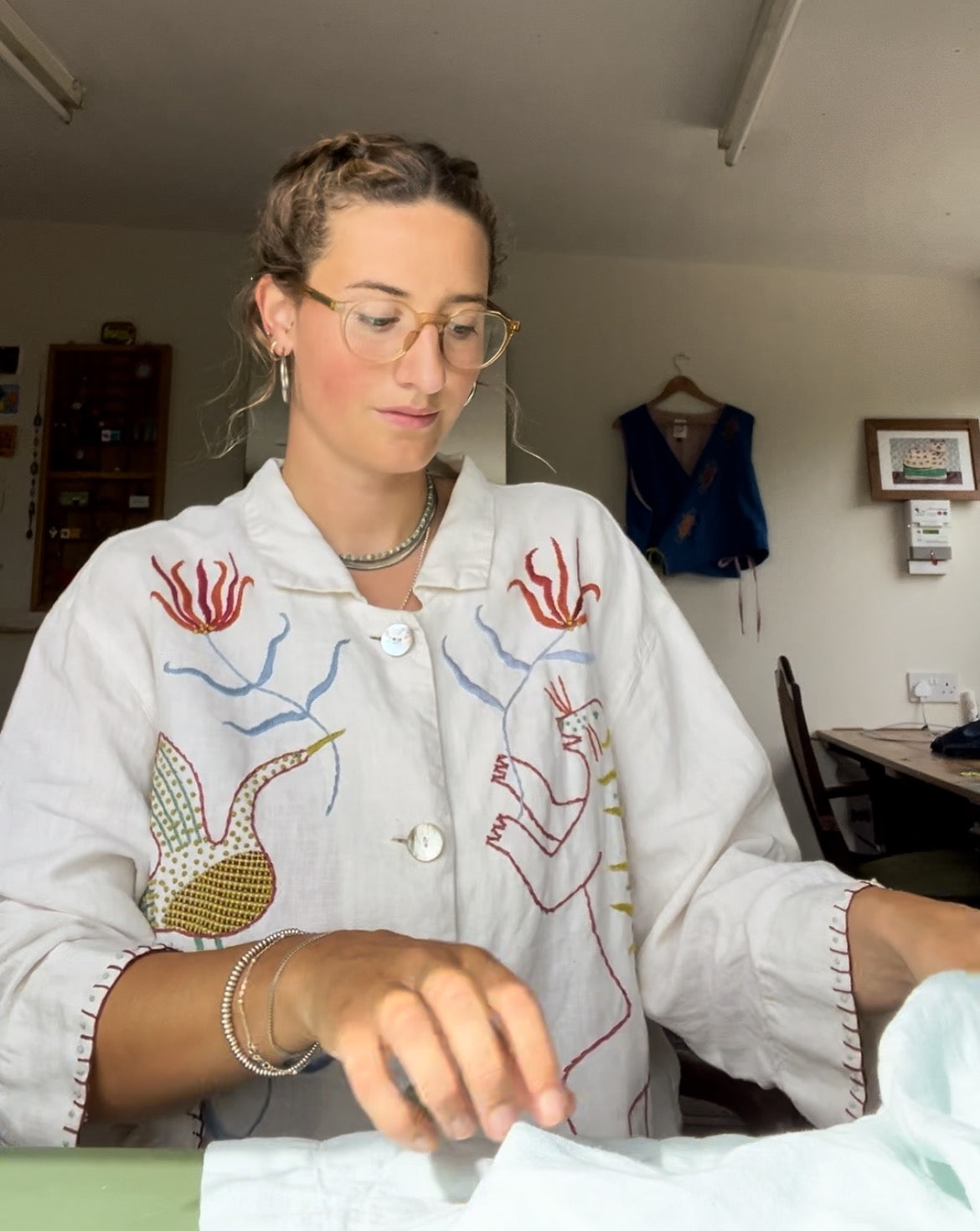 Hand Embroidered Tiger & Bird Linen Blouse