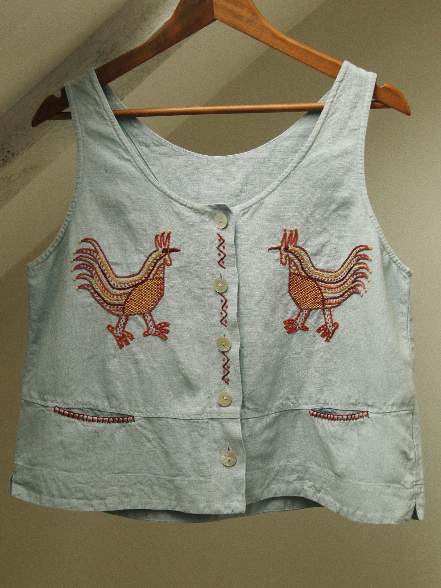 Hand Embroidered Rooster Vest