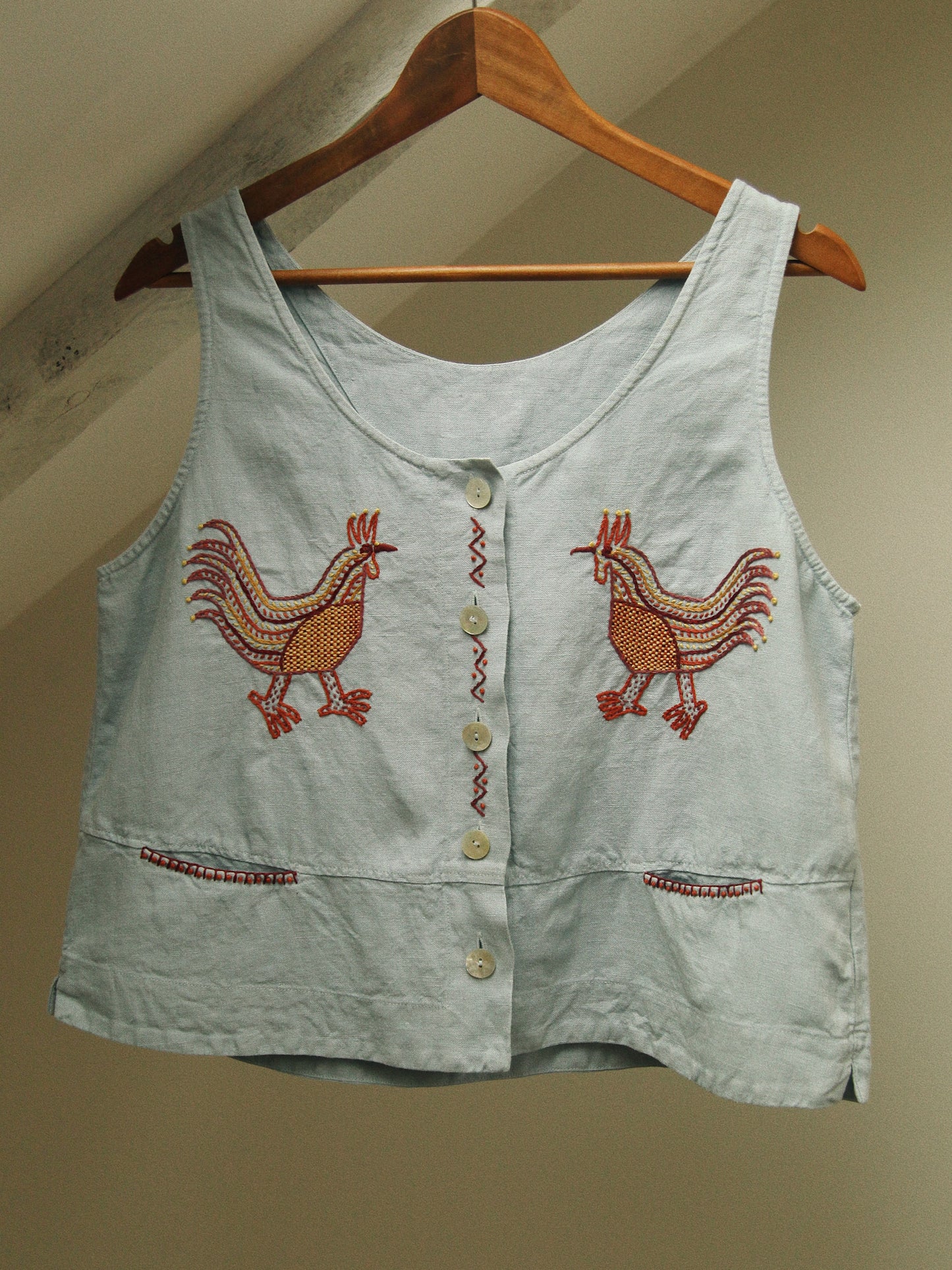 Hand Embroidered Rooster Vest