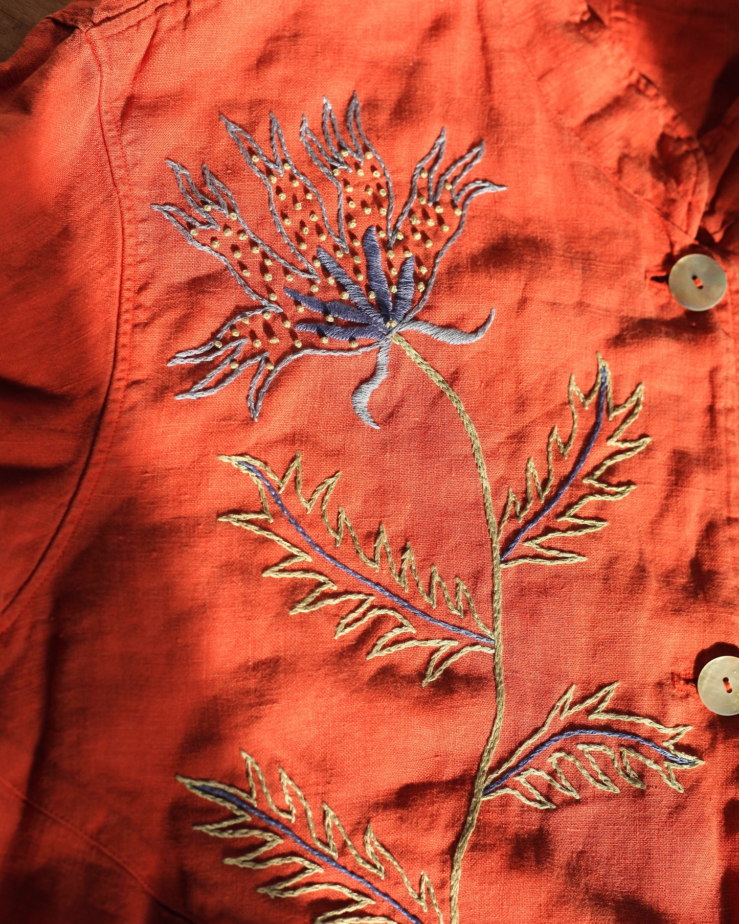 Hand Embroidery Burnt Orange Linen Parrot Jacket