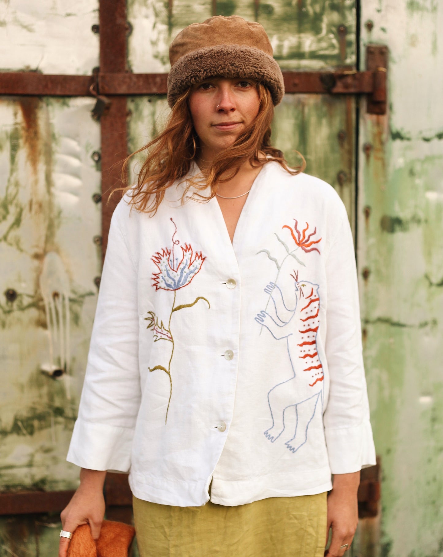 Hand Embroidered Linen Tiger & Poppy Shirt