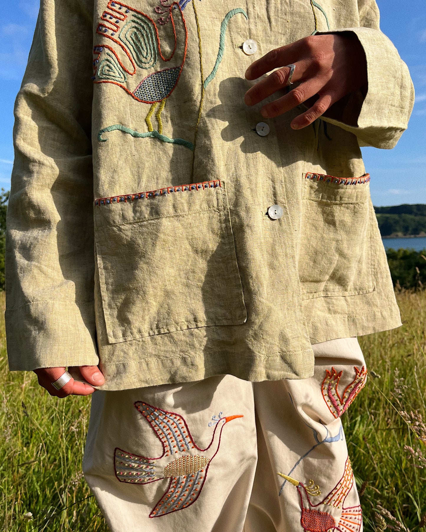 Hand Embroidered Pistachio Green Linen Shirt/Jacket