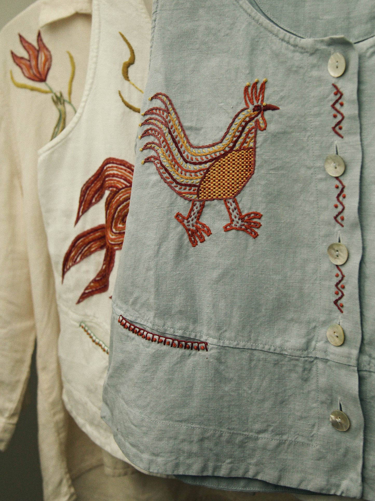 Hand Embroidered Rooster Vest