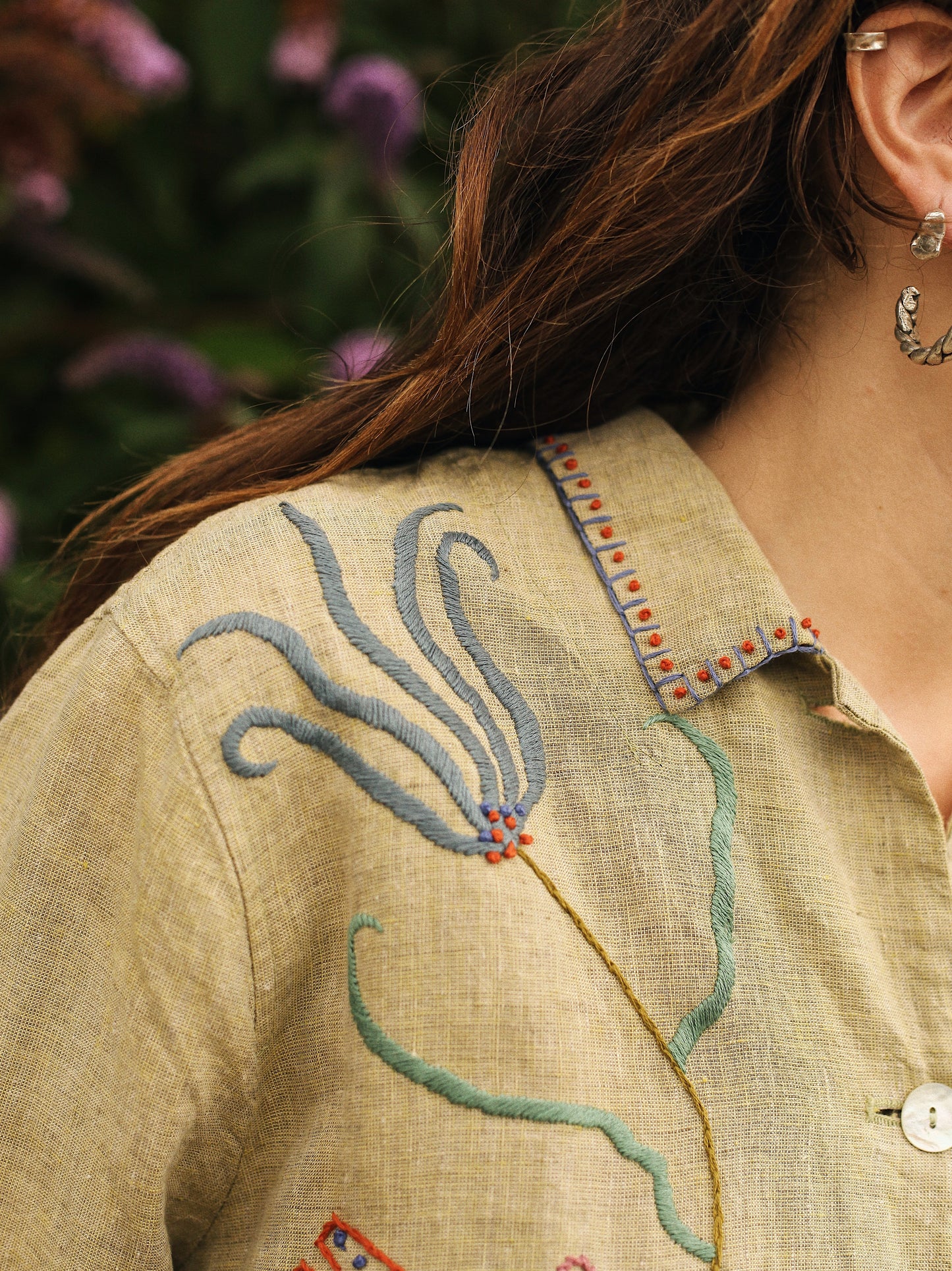 Hand Embroidered Pistachio Green Linen Shirt/Jacket
