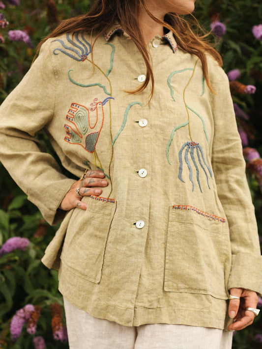 Hand Embroidered Pistachio Green Linen Shirt/Jacket