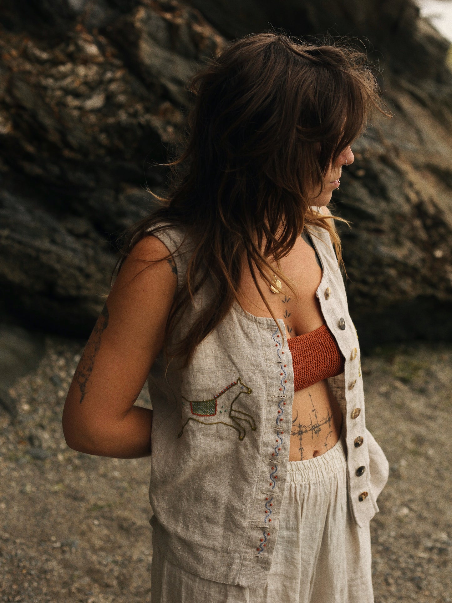 Hand Embroidered Linen Horse Vest