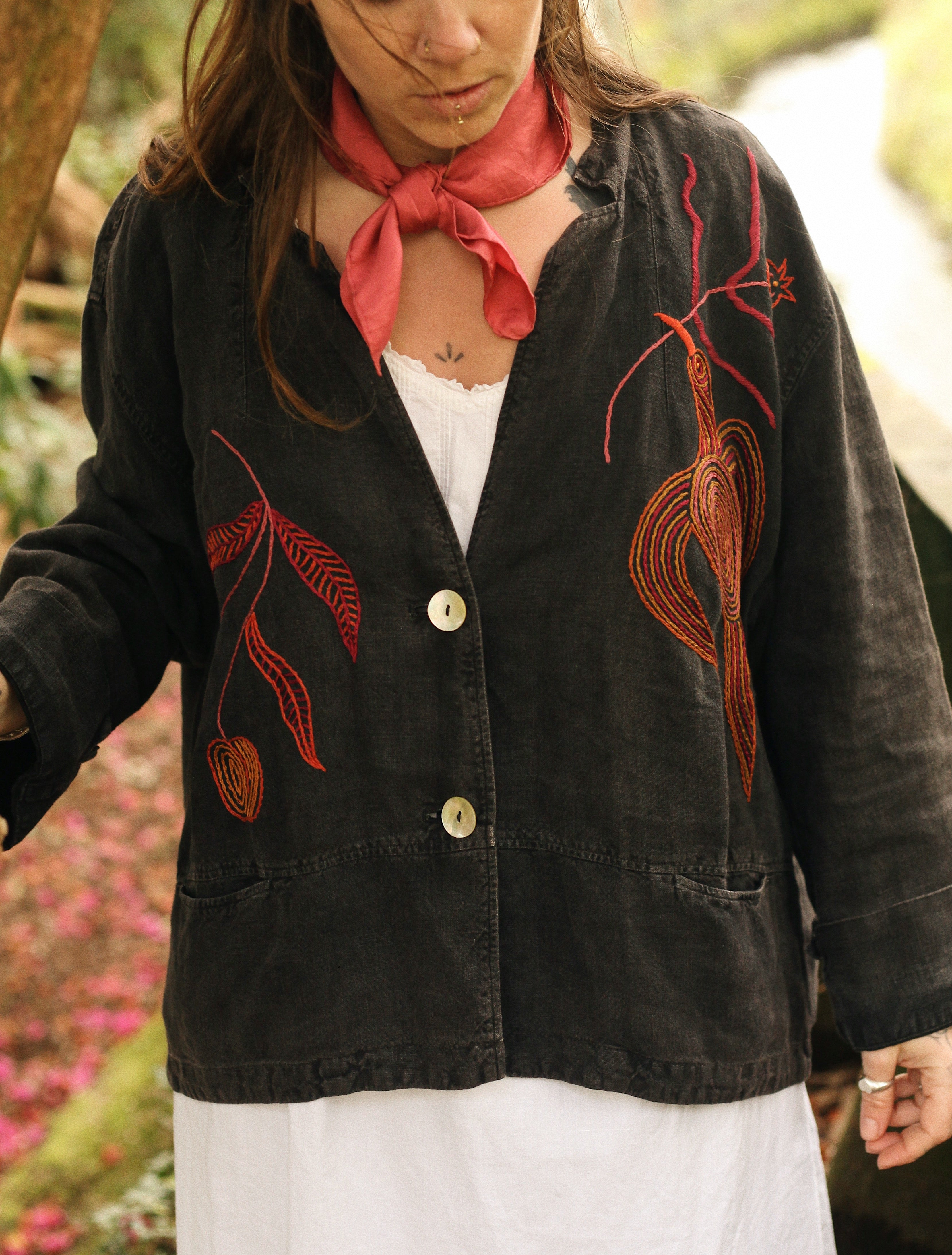 Hand Embroidered Linen Jacket/ Over shirt – Madeleine Illustration