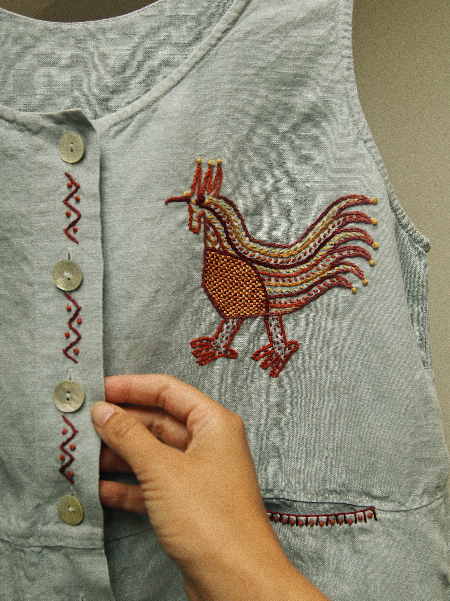 Hand Embroidered Rooster Vest