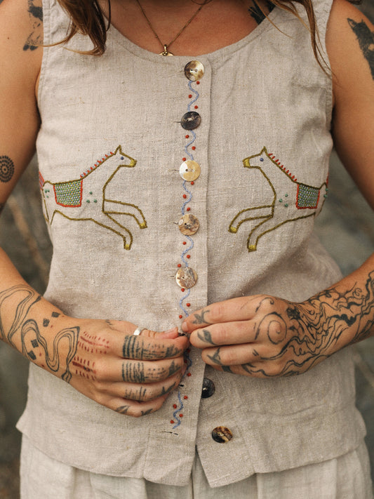 Hand Embroidered Linen Horse Vest