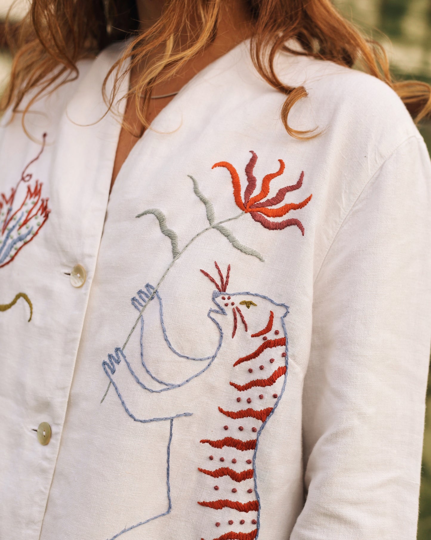 Hand Embroidered Linen Tiger & Poppy Shirt