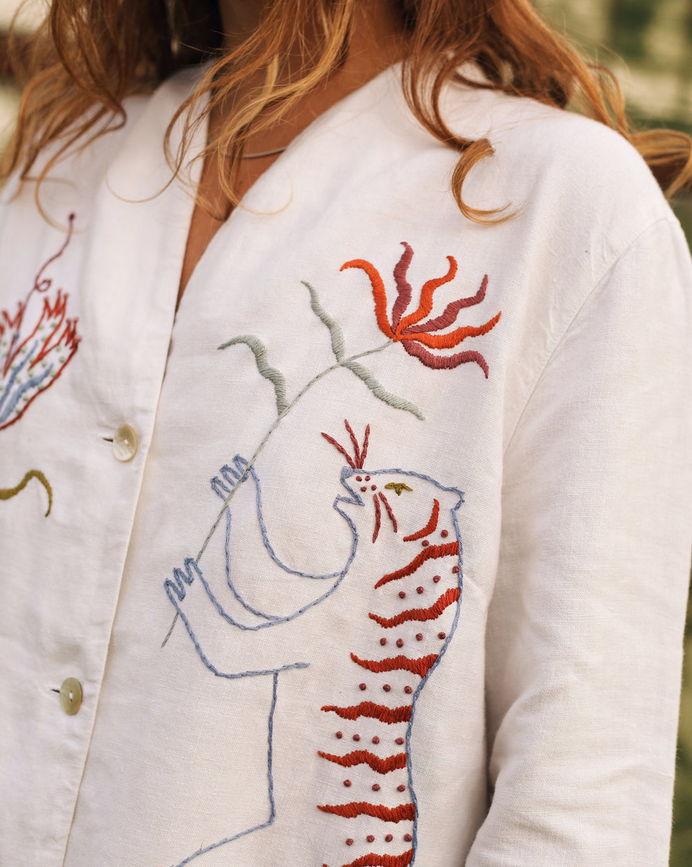 Hand Embroidered Linen Tiger & Poppy Shirt – Madeleine Illustration