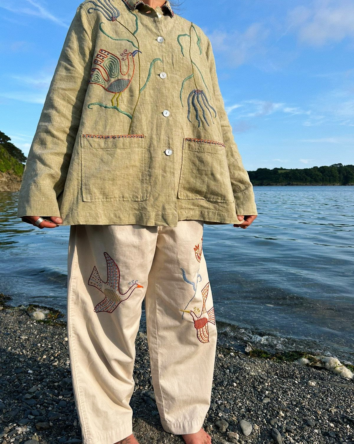Hand Embroidered Pistachio Green Linen Shirt/Jacket