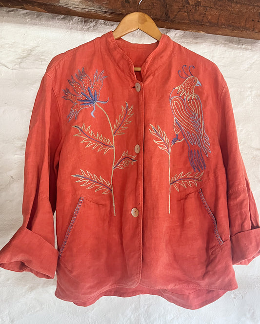 Hand Embroidery Burnt Orange Linen Parrot Jacket