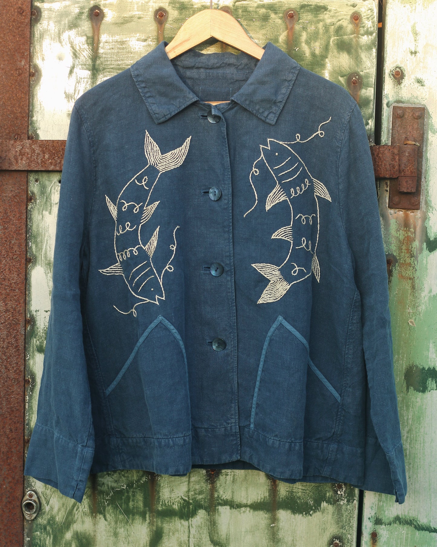 Deep Blue Hand Embroidered Fish Jacket