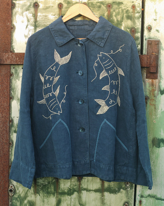 Deep Blue Hand Embroidered Fish Jacket