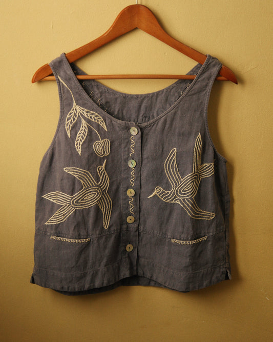 Hand Embroidered Blue Linen Vest
