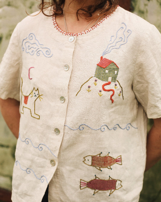 Hand Embroidered "little house" Blouse