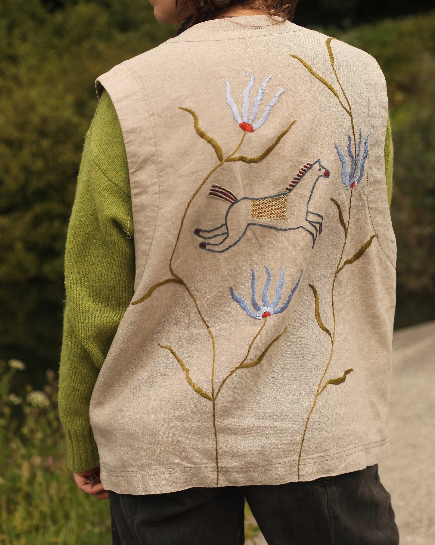 Hand Embroidered Linen Waistcoat - Folk Art