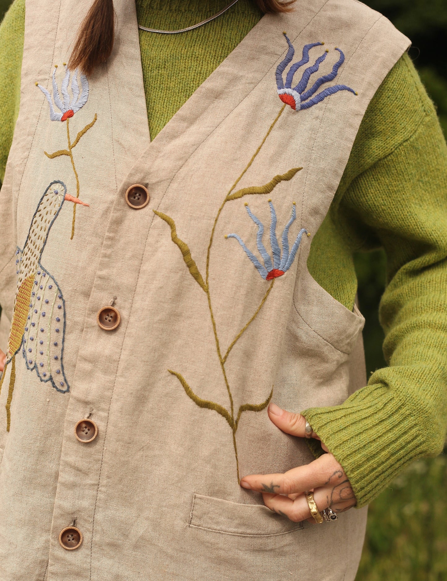 Hand Embroidered Linen Waistcoat - Folk Art