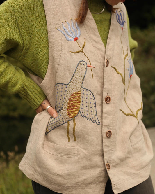 Hand Embroidered Linen Waistcoat - Folk Art